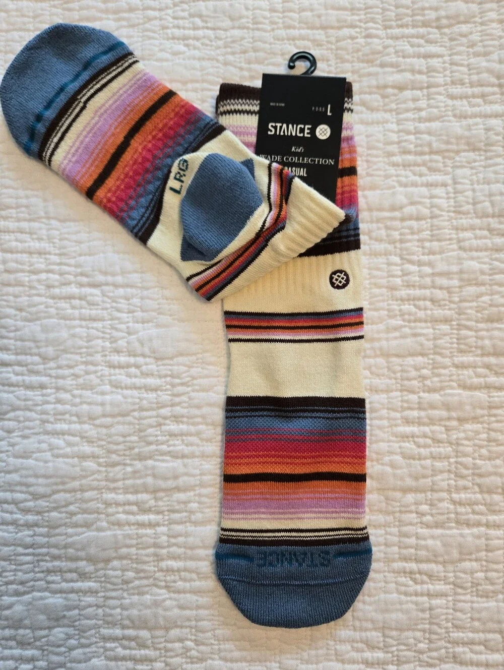 Stance Wade Collection Kids Casual Crew Socks - Cream, Blue & Multicolor Stripes - Picture 2 of 5
